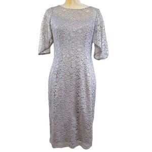 Adrianna Papell Dove Grey Lace Handkerchief Sleeve Dress with Rhinestone Detail